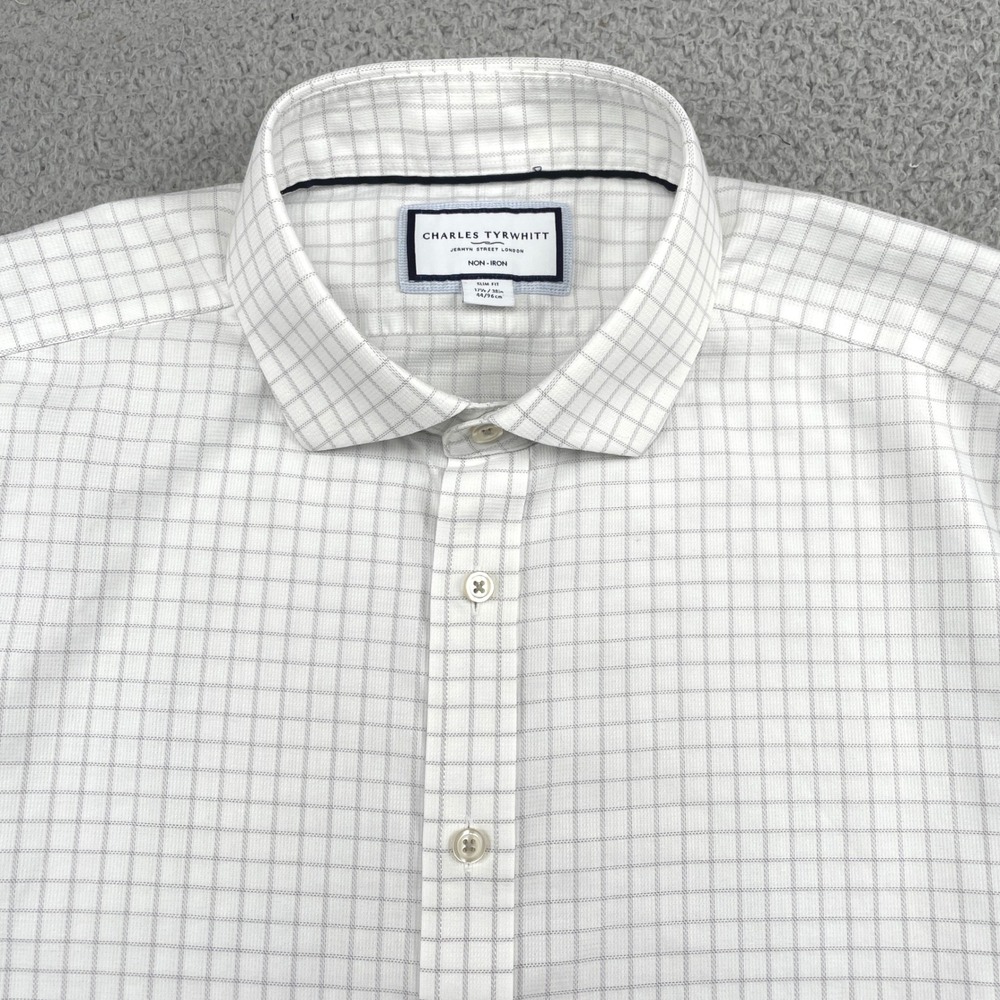 Charles Tyrwhitt Dress Shirt Mens 17.5/38 White Grey Grid Slim Fit Non-Iron